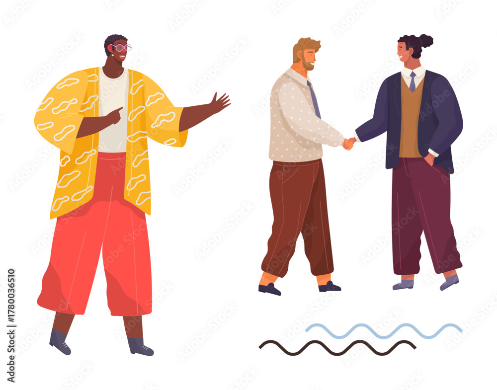 Naklejka premium Three individuals interacting two colleagues shaking hands while another speaks. Ideal for collaboration, teamwork, communication, networking, partnership, business relations, simple flat metaphor