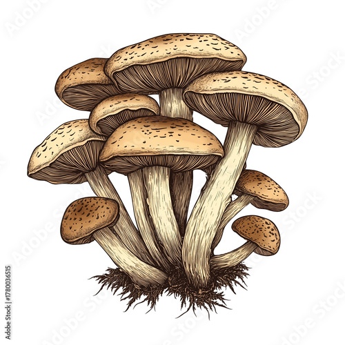 Vintage Mushroom Cluster Botanical Engraving Illustration, Generative AI
