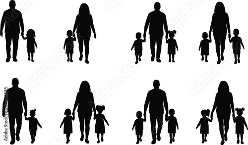 Photography Silhouette parents walking with children holding hands, family bonding illustrat