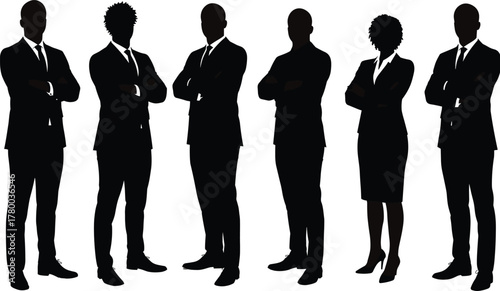 Silhouettes of diverse business professionals standing confidently in formal corporate attire, teamwork concept, leadership illustration, professional team unity, modern workplace success