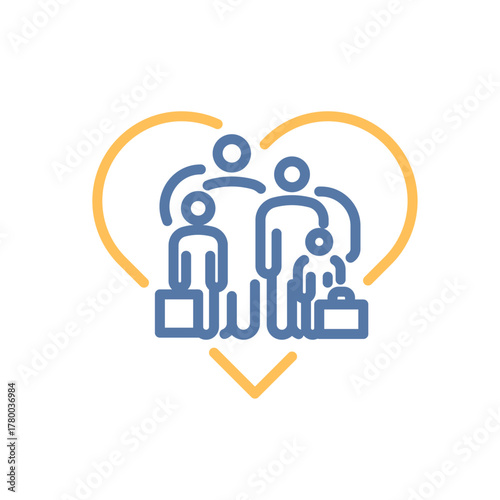 Family with luggage inside heart icon. Refugee support, immigrants. Vector thin line illustration. Editable stroke