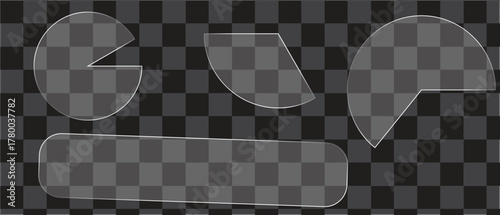 Transparent geometric shapes including circle sector and rounded rectangle on checkered background Keywords: transparent shapes geometric shapes circle sector rounded rectangle checkered