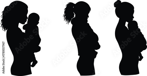 Silhouette mothers holding babies, nurturing maternal love, family care, motherhood bond, parenting concept, women with children, maternal affection, childcare illustration,