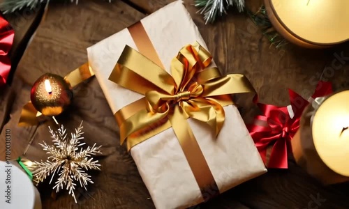 Bingkisan kotak persegi panjang berwarna natural dengan pita keemasan tersedia untuk hadiah di hari spesial 