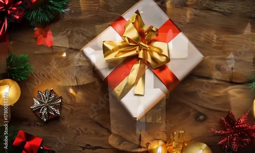 Kado berbentuk kotak persegi berwarna krem dengan pita merah dan keemasan di meja kayu 