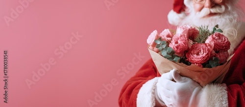 close up of bouquet with pink red flowers and eucalyptus wrapped in craft paper in hands of Santa Claus, soft pink background, banner with copy space. floral gifting and delivery, online flower shop