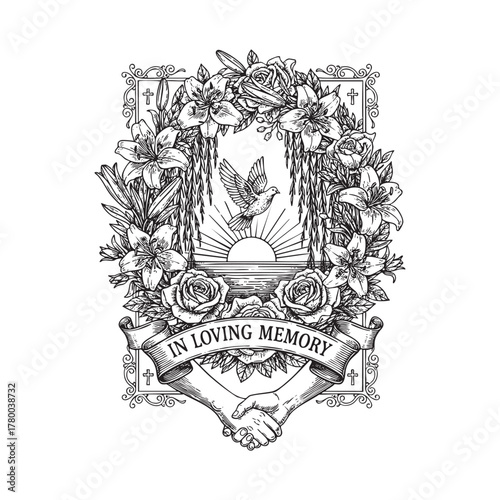 Loving Memory Funeral Floral Dove Wreath Engraving Vector Illustration