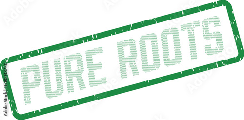 Distressed green Pure Roots text in a grunge rubber stamp for natural organic heritage origins