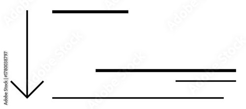 Bold downward arrow paired with multiple horizontal lines conveying movement, focus, or transition. Ideal for navigation, direction, simplicity, minimalism, guidance process efficiency. Simple flat