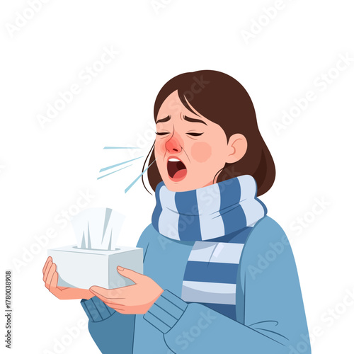 Woman sneezing into tissue showing flu and cold symptoms in winter season