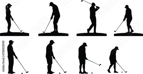 Golf silhouettes collection, golfer swing sequence, putting stance, sports training illustration, athletic posture, golf club action, professional technique, fitness movement, recreation,