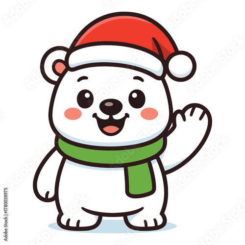 Cute cartoon polar bear character wearing a santa hat and green scarf, smiling and waving cheerfully for holidays