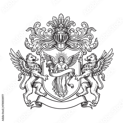 Heraldic Lion Knight Angel Crest Engraving Vector Illustration
