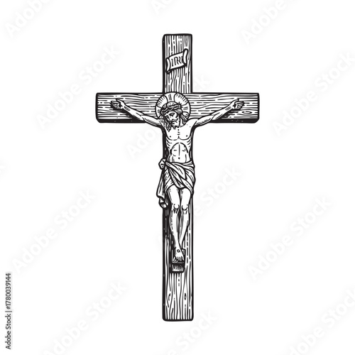 Jesus Christ on Wooden Cross Crucifix Engraving Vector Illustration