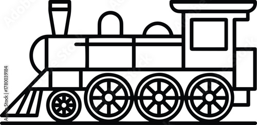 Vintage Steam Train Line Art Vector, Retro Locomotive Outline Illustration, Black and White Minimalist Railway Engine Design for Transport, Travel, and Retro Logo Use
