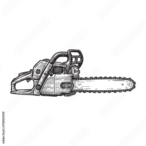 Modern Chainsaw Wood Cutting Tool Engraving Vector Illustration