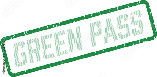 A distinctive green rubber stamp impression showcasing the textured phrase GREEN PASS for access or authorization