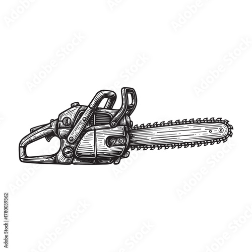 Modern Chainsaw Wood Cutting Tool Engraving Vector Illustration