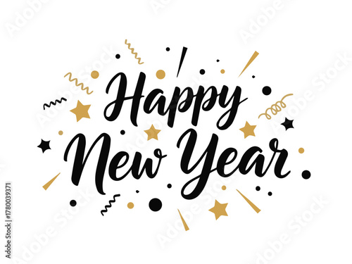A sophisticated vector greeting with beautiful black script typography for "Happy New Year," decorated with a burst of gold stars, confetti, and festive swirls.