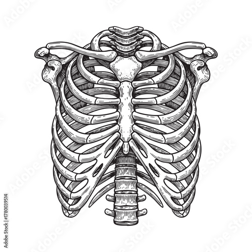 Human Rib Cage Skeletal Anatomy Engraving Vector Illustration