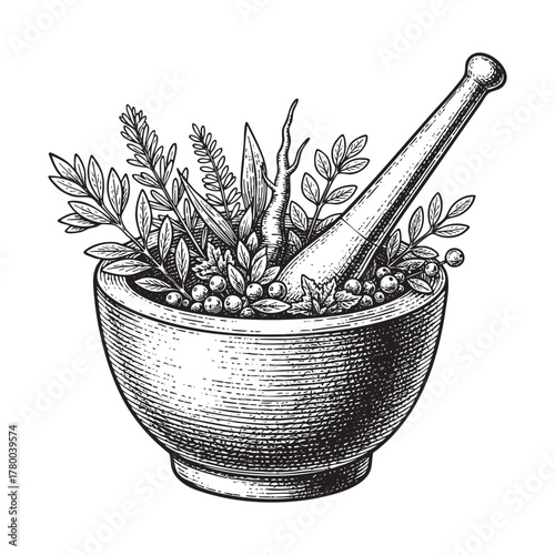 Mortar and Pestle with Herbs Apothecary Engraving Vector Illustration