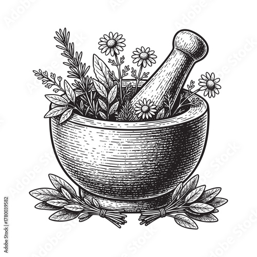 Mortar and Pestle with Herbs Apothecary Engraving Vector Illustration