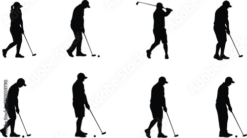 Golf swing silhouette sequence, professional golfer motion illustration, sports training technique, athletic performance, golfing practice, fitness movement, dynamic posture, outdoor recreation,