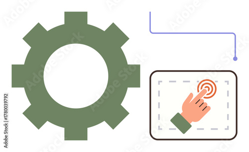 Large gear and hand touching a touchscreen icon connected by a minimal line. Ideal for technology, automation, innovation, interactivity, software, management, engineering. Simple flat metaphor