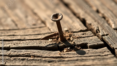 splinters. A single rusty nail hammered into a weathered wooden plank with splintered wood texture. product launch decks.