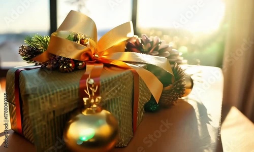 Bingkisan kotak berwarna hijau emas terdapat hiasan pita dan bola emas yang menawan di meja 