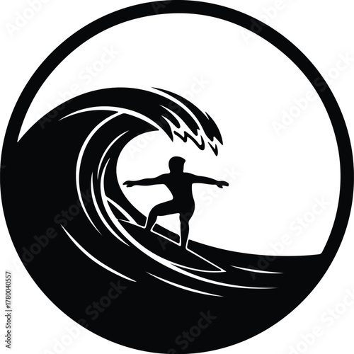 Vector surfer riding wave black and white silhouette illustration