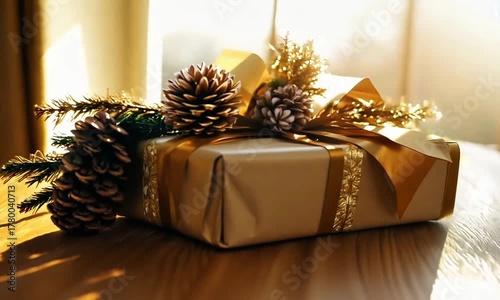 Bingkisan kotak berwarna emas terletak dimeja dengan bunga kering berwarna coklat berkesan mewah untuk hadiah hari raya 