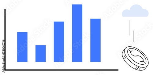 Bar chart showcases growth trends while coin dropping from cloud indicates funding, revenue generation. Ideal for finance, data analysis, business, investment, economics, strategy, simple flat