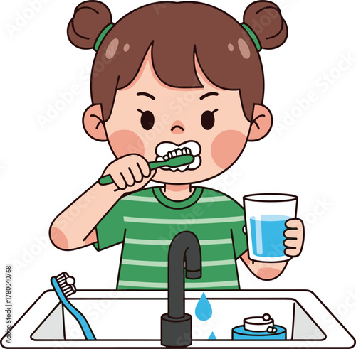 Cartoon child brushing teeth at sink, dental hygiene, morning routine, oral care, healthy habits, bathroom scene, toothbrush, water glass