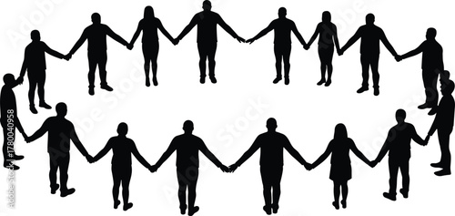Community unity circle, diverse people silhouettes holding hands, teamwork collaboration concept, social connection support, group solidarity, family togetherness, human bond, , 