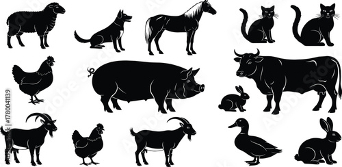 A diverse collection of farm and domestic animal silhouettes. Vector icons of horse, cow, pig, sheep, chicken, and other livestock isolated on white