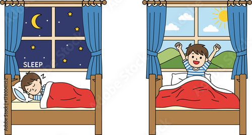 Child sleeping peacefully at night, waking up refreshed in morning, cartoon illustration, sleep cycle, bedtime, sunrise, healthy routine, window view