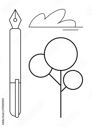 Fountain pen, abstract tree with geometric shape branches, and minimalist cloud design. Ideal for creativity, writing, art, minimalism, nature balance self-expression. Simple flat metaphor