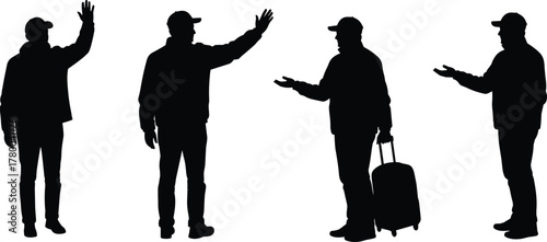 Silhouette man traveler with cap, jacket, pants, suitcase, walking, standing, posing, isolated black figure, journey, tourism, airport, luggage, adventure, exploration,