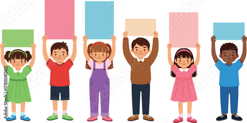 Diverse cartoon children holding colorful signs, educational illustration, unity, blank labels, school kids, customizable content, awareness, diversity, fun
