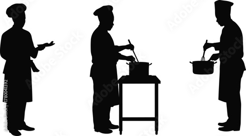 Silhouette chefs cooking, professional kitchen teamwork, culinary art preparation, restaurant staff stirring pots, gastronomy concept, food industry illustration, traditional uniform, 