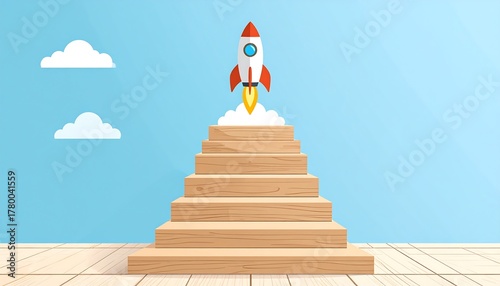Wallpaper Mural Rocket Launching from Wooden Stairs - A Symbol of Progress. Torontodigital.ca