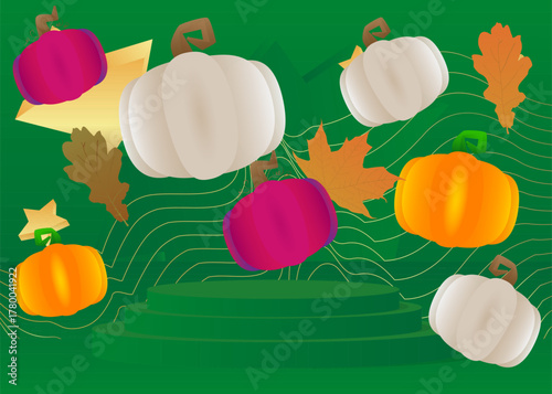 Mockup product display with Thanksgiving Autumn leaf and Pumpkin. Vector cylinder pedestal podium. Stage showcase for presentation. Minimal geometric forms.