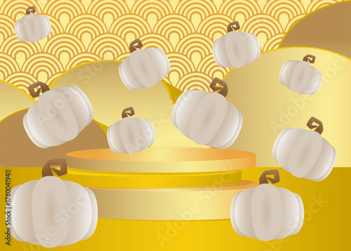 Mockup product display with Thanksgiving Autumn leaf and Pumpkin. Vector cylinder pedestal podium. Stage showcase for presentation. Minimal geometric forms.