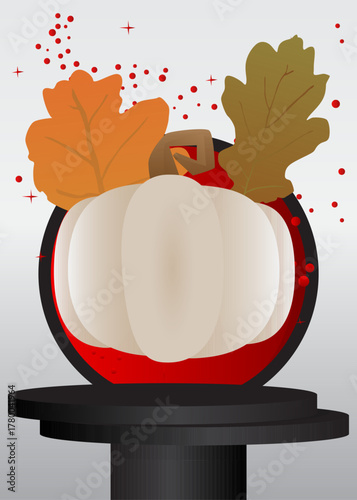 Mockup product display with Thanksgiving Autumn leaf and Pumpkin. Vector cylinder pedestal podium. Stage showcase for presentation. Minimal geometric forms.