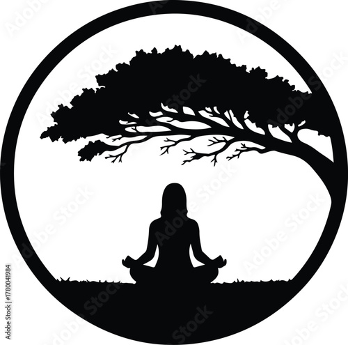 Vector Woman meditating under a tree in lotus position silhouette illustration