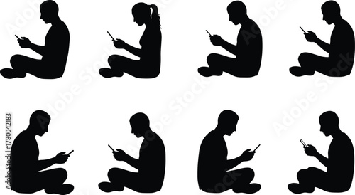 Silhouette people using smartphones, digital addiction concept, modern technology lifestyle, mobile phone dependence, social media culture, online communication, internet generation, gadget obsession