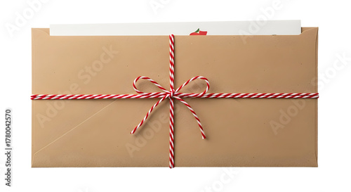Gift - Brown kraft paper envelope with red and white string tied in a bow, isolated on white background, perfect for invitations and gift cards