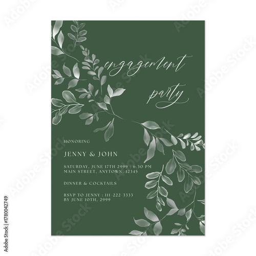 Engagement party invitation template with translucent illustrations of leafy branches on a rich forest green background