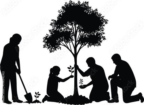Silhouette people planting tree, teamwork nature conservation, community gardening, environmental care, sustainability concept, eco friendly lifestyle, reforestation support, green future,